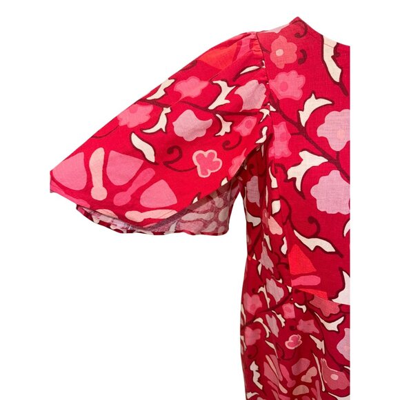 Rhode Zinnia Floral Print Bell Sleeve Midi Dress Red/Pink Floral Linen/Rayon 14 - Picture 12 of 15